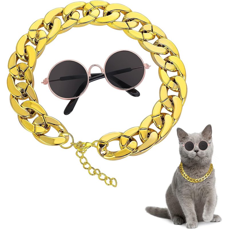 Cat Sunglasses Gold Chain Costume Decorations Cat Uv Protection Classic Retro Puppy Retro Black Sunglasses Fake Gold Chain Adjustable Cosplay Costume Funny Photo Props