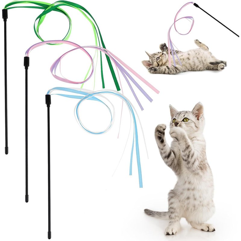 Amaxiu Set Of 3 Interactive Rainbow Wand Shaped Toys For Indoor Cat Colorful Ribbon Charmer For Kittens Teaser Training Play Accessories