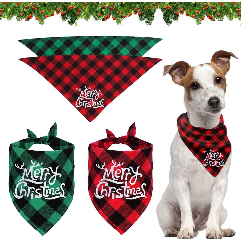 Christmas Dog Bandanas, 2 Pcs Pet Scarf Plaid Outfits Merry Christmas Triangle Bibs For Dogs Scarf, Animal Costume For Small Medium Dogs Cats