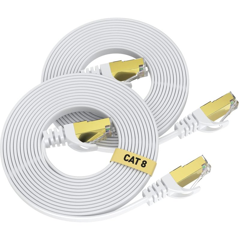 CAT8 Ethernet Cable 1M (2 Pieces), 40Gbps/2000Mhz High Speed Gigabit RJ45 LAN Internet Network Cable, Cat-8 Flat Patch Cable Shielded Heavy Duty for PS4/5 Computer Modem PC TV - White