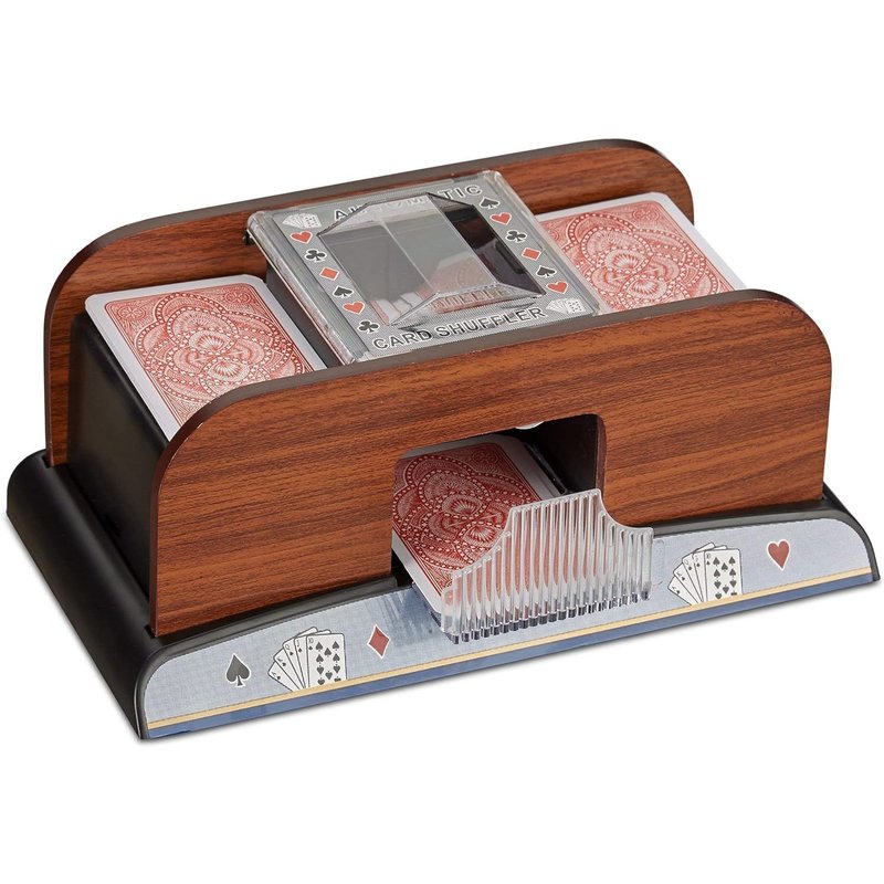 Mélangeur de Cartes Automatique 2 Jeux de Poker Rami Fonctionne à Piles en Optique Bois, Compatible uniquement avec la taille de carte 8,8 x 6,3cm