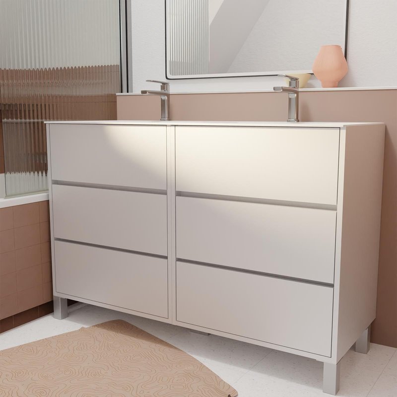 Pack Meuble Salle De Bains 120 Cm Laqué Blanc, 6 Tiroirs Avec Vasque Céramique - Xenos