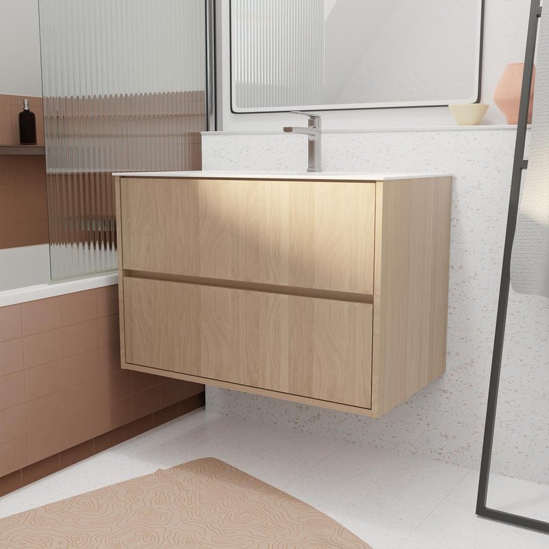 Pack Meuble Salle De Bains 80 Cm ChĂȘne Clair, 2 Tiroirs Avec Vasque CĂ©ramique - Xenos