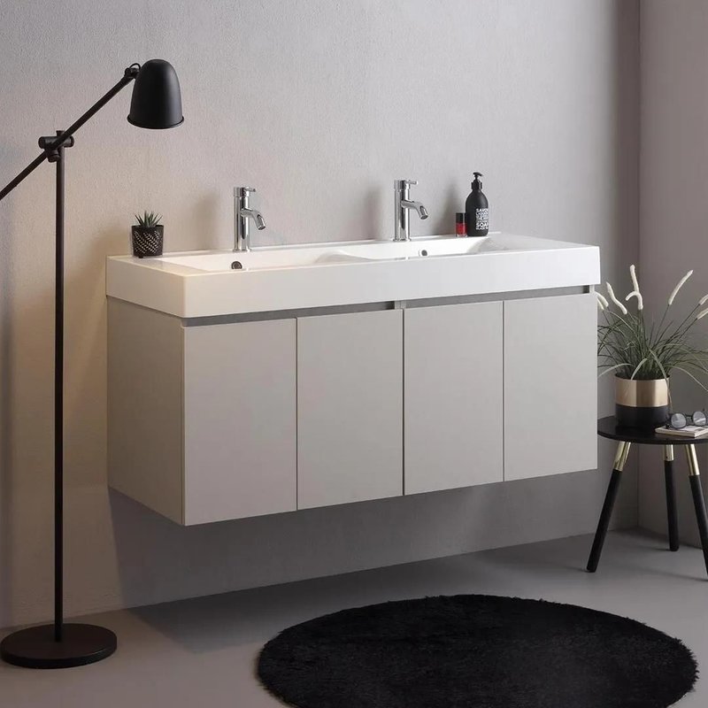 Meuble Salle De Bain Suspendu 120cm 4 Portes Gris Perle, Double Vasque En Céramique Vittoria