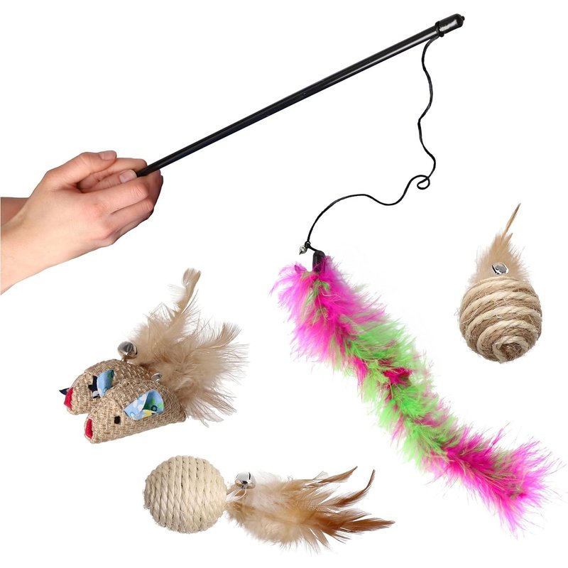 Letnerny-Dingo Chat Ensemble De Jouets Baguette Avec Plumes Touffues, 2 Souris Écologiques En Lin Avec Plumes, 2 Balles Écologiques En Sisal Et Herbe De Mer Avec Plumes, 5 Jouets Avec Grelots (Z30038