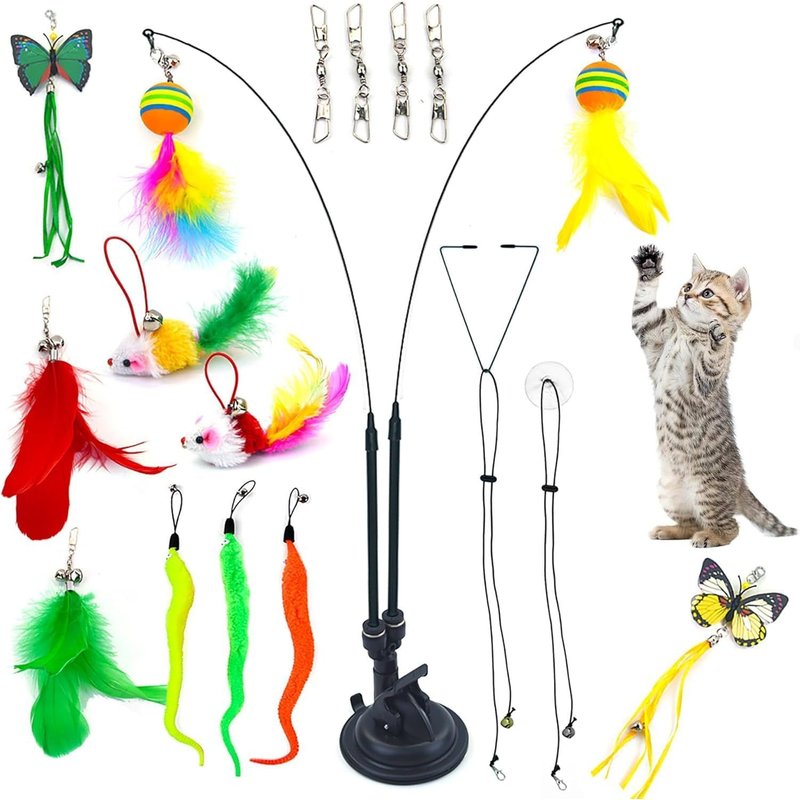 Letnerny-Lot De 20 Jouets En Plumes Pour Chat Avec 1 Ventouse Et 2 Baguettes, Y Compris 3 Jouets Chenille Pour Jeu Interactif En Intérieur Et Exercice