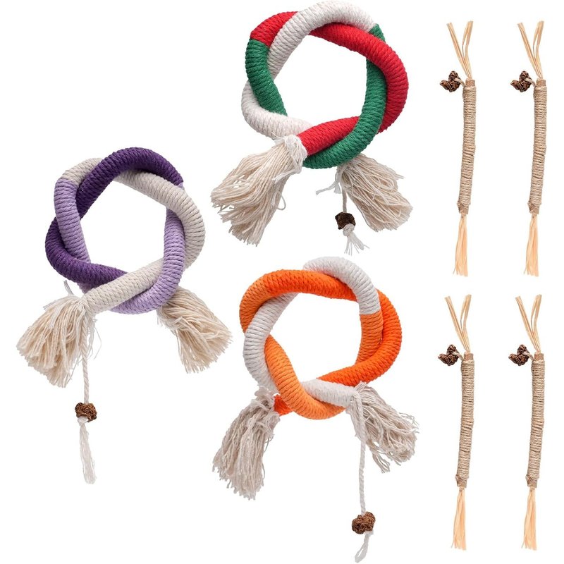 Letnerny-7 Pcs Jouet Chat Interactif 3 Cordes De Dentition Jouets Chats Intérieur(70 Cm) Et 4 Matatabi Bâtonnets Herbe À Chat(20 Cm), Cordes À Mâcher, Jouets Pour Chats De Soins Dentaires