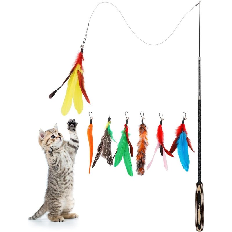 Letnerny-Jouet Pour Chat Intéractive Avec Plume, Lot De 7 Extensible, Baguette Flottante À Plume, Extra Longue De 96 Cm Avec Petite Cloche, Bâton Amusant Exercice Jouet Fil Chaser, Rayures Colorées