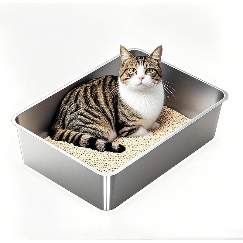 Litière Pour Chat En Acier Inoxydable-Taille Xl-50 X 35 X 15 Cm-Sans Couvercle-Sans Absorption Des Odeurs-Facile À Nettoyer-Anti-Fuite-Inoxydable