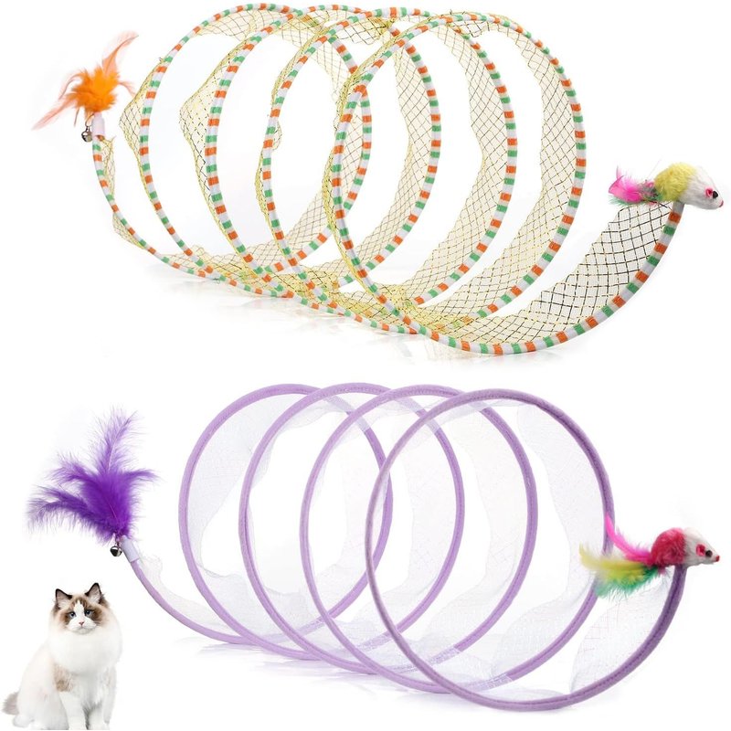 Letnerny-2pcs Tunnel Pour Chat, 25cm Tunnel En Spirale De Jouet De Chat Portable De Grande Taille Avec Plume Synthétique Et Souris Jouet Chiot Chaton (Rayé Jaune, Violet)