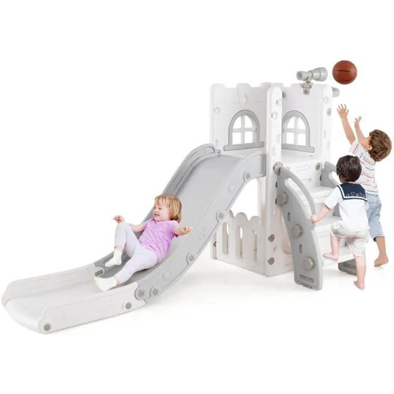 Toboggan 6 En 1 Costway Avec Panier De Basket Et Télescope, Marches Antidérapantes, Cadeaux Pour Garçons Et Filles Gris