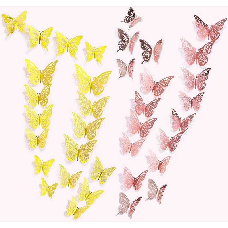 Stickers Muraux Papillons 3d 72pcs 3 Styles 3 Tailles,Décoration D'anniversaire Papillon Décoration De Fête Papillon Décoration De Gâteau,Autocollant Amovible (Or Et Or Rose)