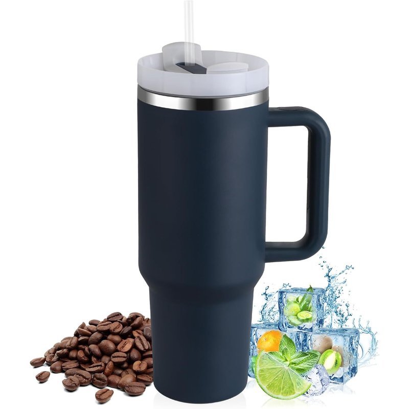 LETNERNY-Gobelet Isotherme De 1180 Ml Avec Paille Et Anse - Double Paroi En Acier Inoxydable - Pour Boissons C s Et Froides - Pour La Maison, Les Voyages - Bleu Marine