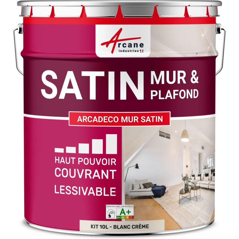 Peinture murale satin velours blanche Blanc Crème - RAL 9001 10 L - ARCANE INDUSTRIES