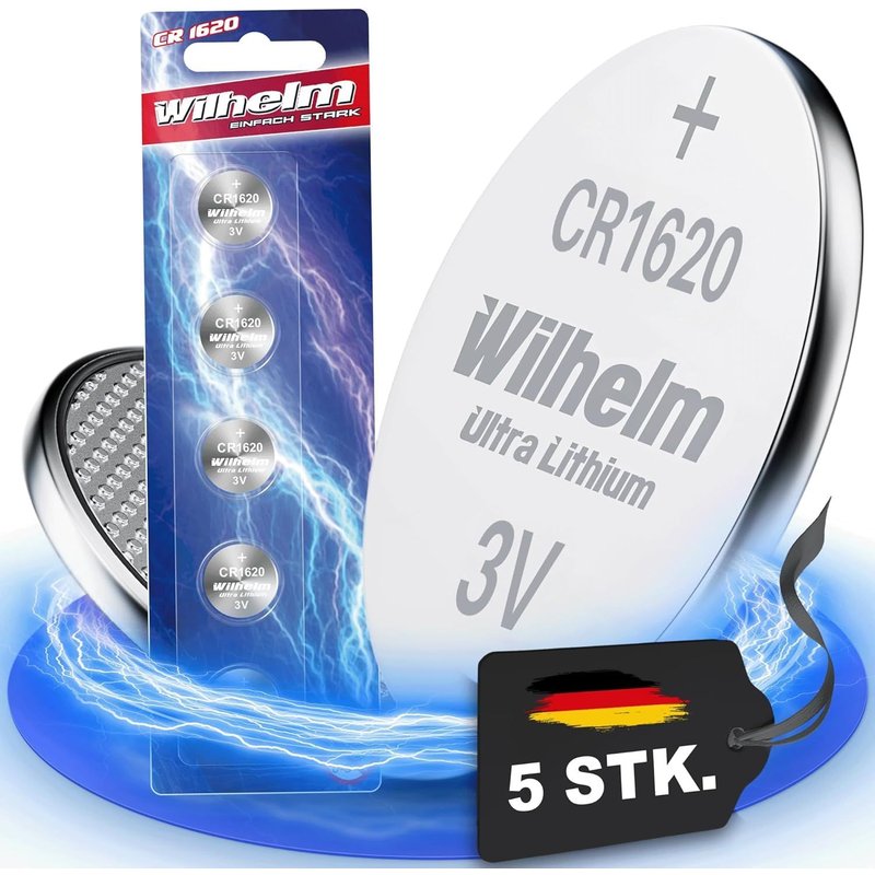 Lot de 5 piles bouton au lithium CR1620 CR 1620 3 V 70 mAh Ø 16 x 2 mm DL1620, 6620