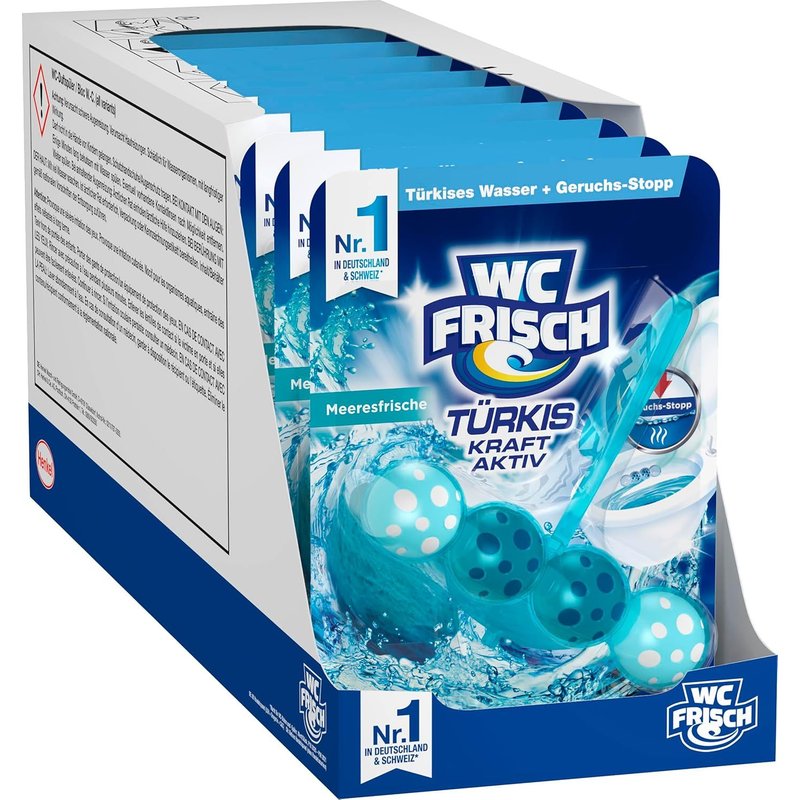 Kraft Aktiv Lot de 10 désodorisants de porte, fraîcheur marine, nettoyant pour WC pour un nettoyage visible à l'eau turquoise, pierres parfumées pour un parfum intense de WC