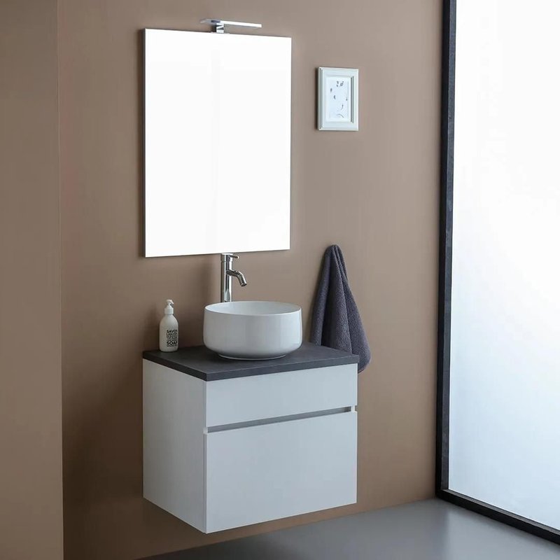 Meuble De Salle De Bains Suspendu 60cm Avec Tiroir Blanc Et Dessus Anthracite Sole