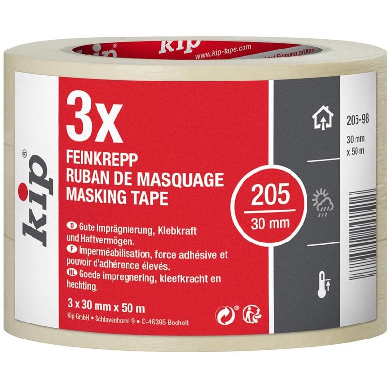 Ruban adhésif de masquage fin en papier crêpé 205-98-Masking tape idéal pour les travaux de peinture en intérieur-Dimensions:3 x 30mm x 50m-Couleur nature