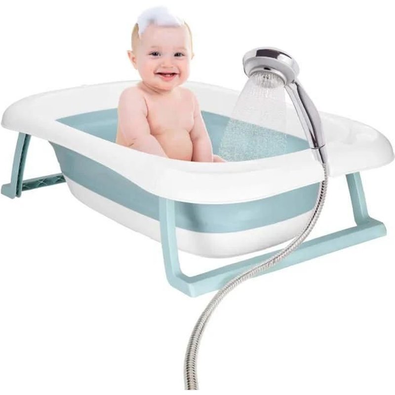 Springos® Baignoire Pliante Pour Bébé Avec Thermomètre Et Coussin 35 L, Blanc Et Bleu