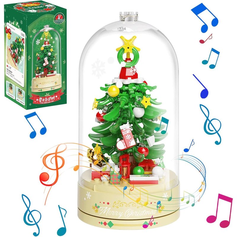 lbgwp60-Boîte À Musique En Blocs De Construction D'Arbre De Noël Avec Dôme Anti-Poussière - Jouet De Construction De Noël - Décoration D'Intérieur (Arbre De Noël Étoilé)