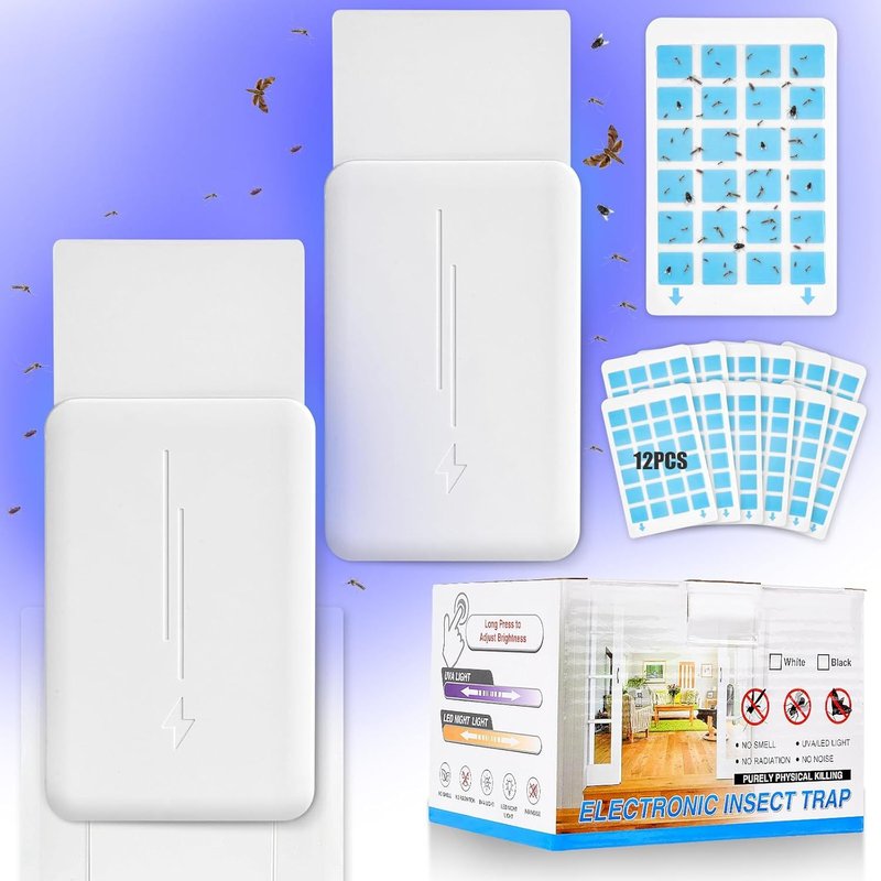 Anti Moucherons Interieur, 2Pcs Lampe Anti Moustique Plug In Avec Coussin Adhésif, Tueur De Attrape Moucheron Avec 12 Plaques De Glu De Rechange Pour Mouches À Fruits Moustiques Moucheron