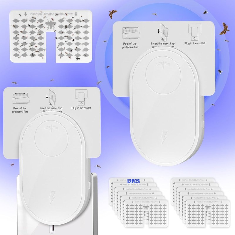 Anti Moucherons Interieur, 2Pcs Lampe Anti Moustique Plug In Avec Coussin Adhésif, Tueur De Attrape Moucheron Avec 12 Plaques Glu Rechange Pour Mouches À Fruits Moustiques