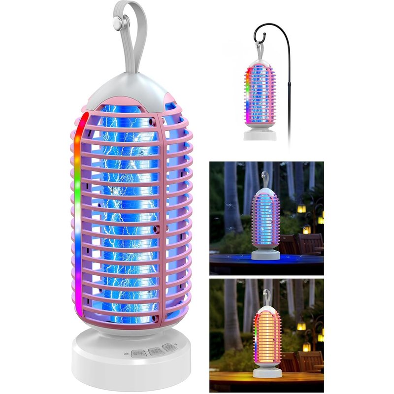 Lampe Anti Moustique, Lampe Anti Mouche Avec Batterie Usb Rechargeable 4000Mah, 3000V Tueur D`Insectes Électrique Avec Led, Norme Ipx5 Étanche, Pour Intérieur Et Extérieur (Blanc/Rose)