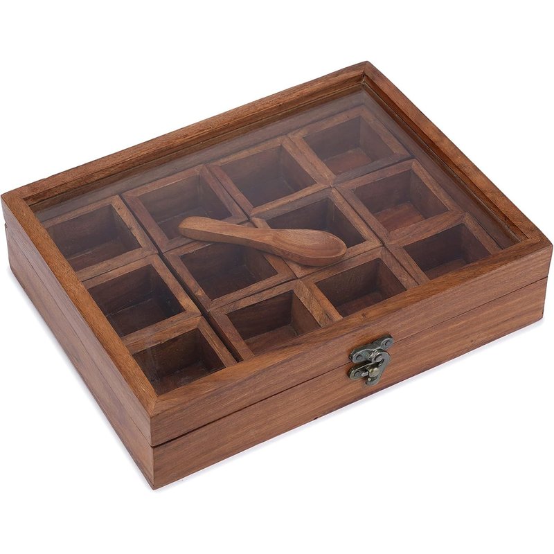 Boîte à épices en bois avec 12 compartiments-Boîte de Rangement pour Vos Condiments,Sachets de Thé,Dosettes de café avec Couvercle en Verre Idéale pour Toute Décoration Créative