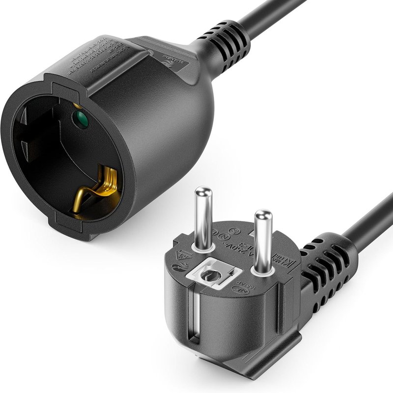 3,0m Câble D`Extension avec Prise Type f (CEE 7/4) Coudée à 90° vers Prise (CEE 7/3)-Cordon D`Alimentation pour TV,PC,Ordinateur,Vidéoprojecteur-Noir