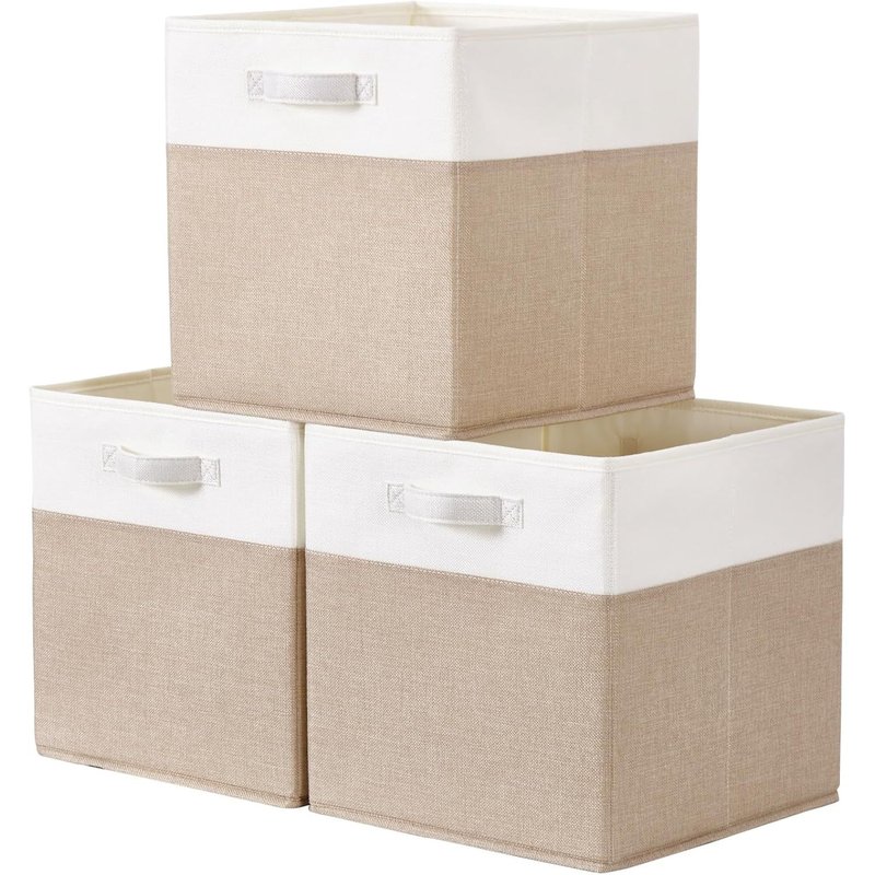 Cube De Rangement Tissu 28x28x28cm,Panier Cube De Rangement,Boite Rangement (Blanc Kaki Clair,Lot De 3)