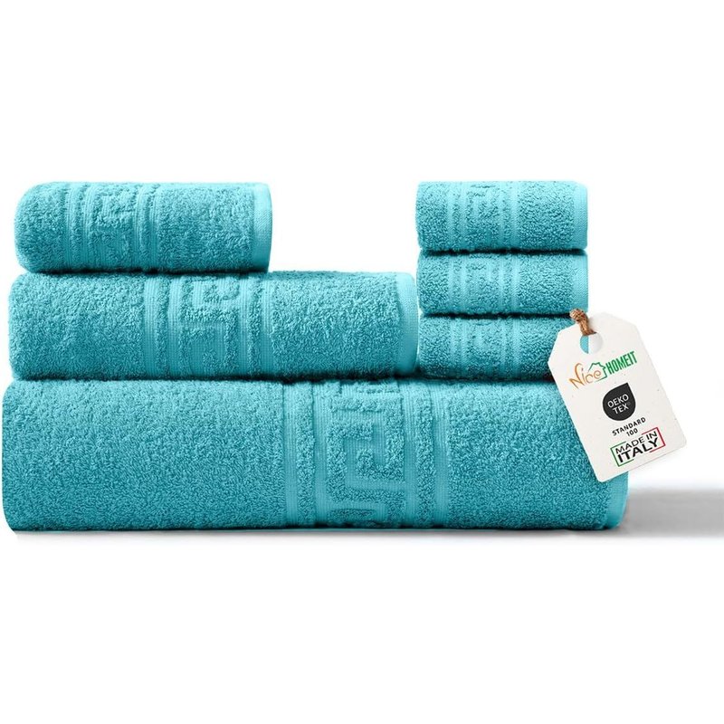 Set De Serviettes De 6 Pièces 100% Coton-100 X 150 Cm-Doux Et Très Absorbants-Set De Serviettes De Bain Extra Large-Fabriqué En Italie-Bleu D`Eau