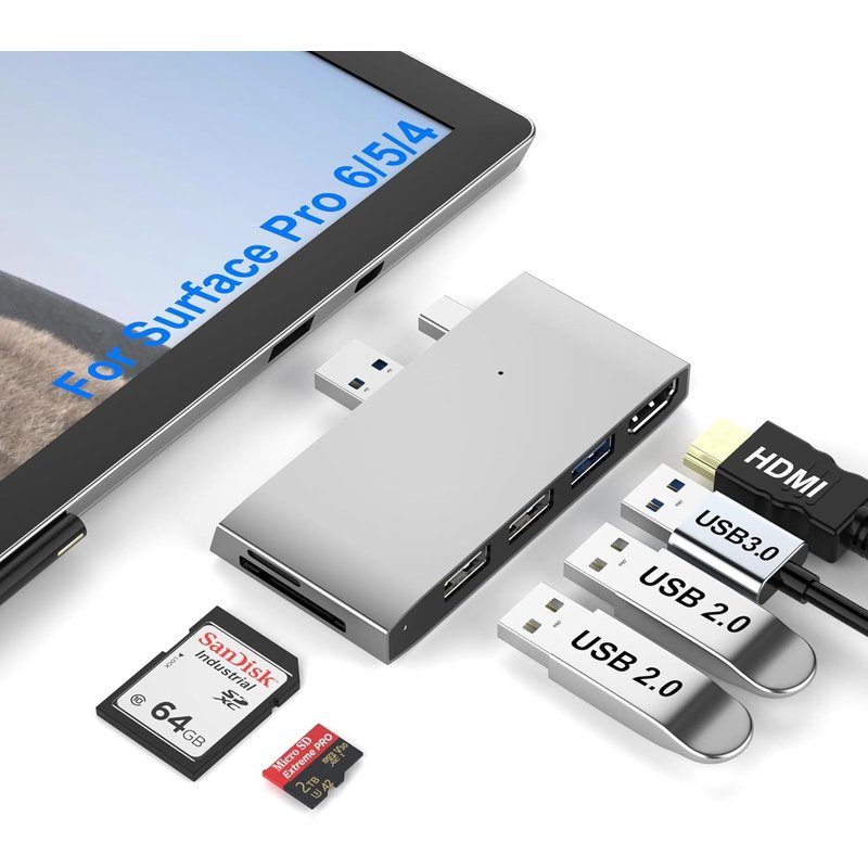 Station D'Accueil Surface Pro 6/Pro 5/Pro 4 Adaptateur Hub Usb 3.0 Hdmi 4K, Lecteur De Cartes Mémoire Sd & Tf/Micro Sd, Adaptateur Hdmi Surface Pro 4K@30Hz Pour Microsoft Surface Pro 6/5/4