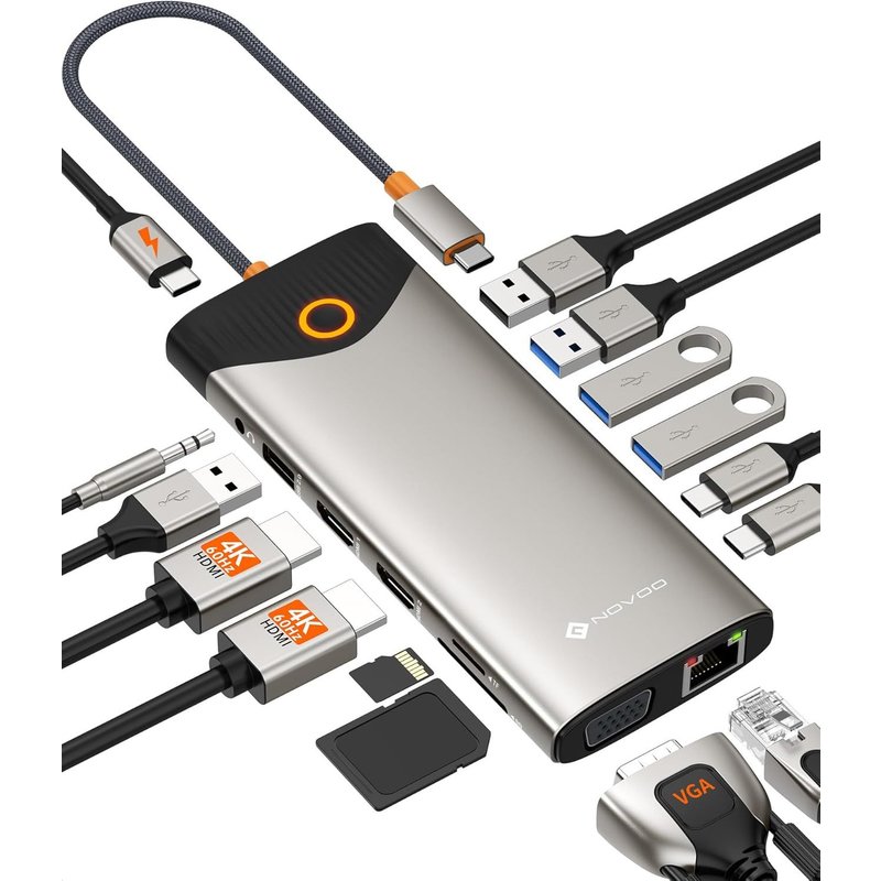 Docking Station D'Accueil Usb C, 15-En-1 , 2 Hdmi 4K@60Hz, Vga, Usb-C/A 5Gbps, Lecteur Sd/Tf, Ethernet Gigabit, 100W Pd ¿ Bouton On/Off Écran Externe, Dock Polyvalent Pour Pc Portable, Macbook