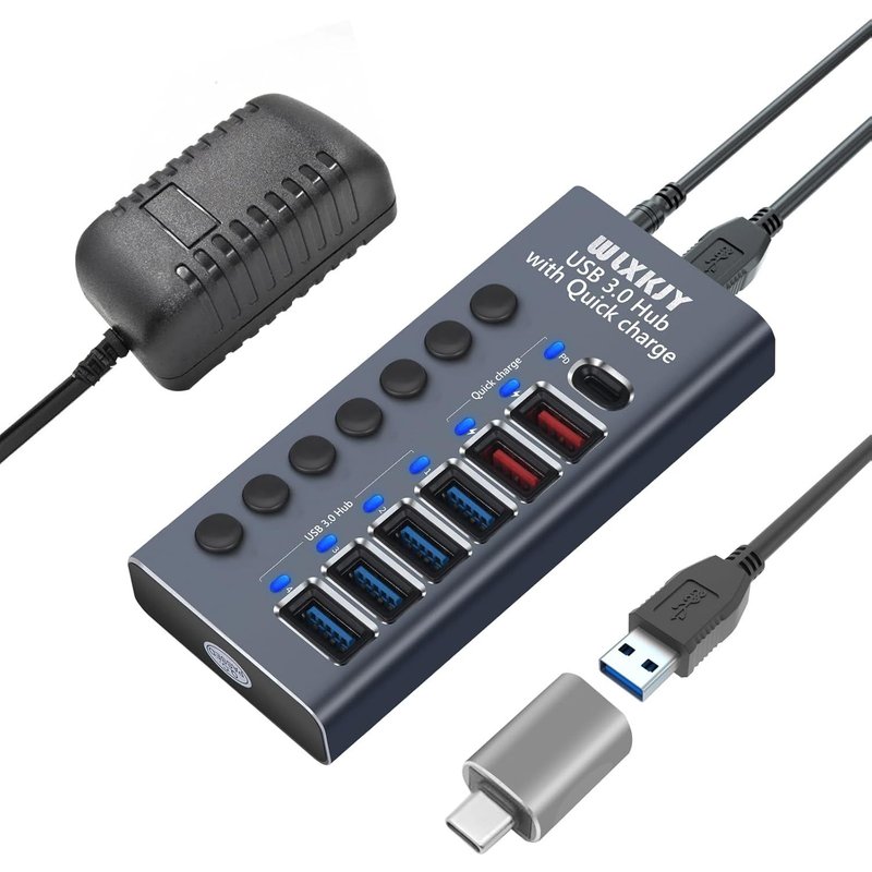 Usb3.0-Hub Aus Aluminium Mit 36W (12V/3A) Stromversorgung, 7-In-1-Usb-Hub (4-Port-Usb-3.0-Datenübertragung Und 3-Port-Aufladung) Mit Unabhängigem Schalter, 1 Pd-Ladeport