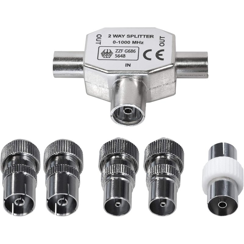 2 Way Coaxial Splitter - BK 0-1000MHz Antenna Splitter for DVB-T/BK - T Adapter for Cable TV + 5 Coaxial Antenna Plugs