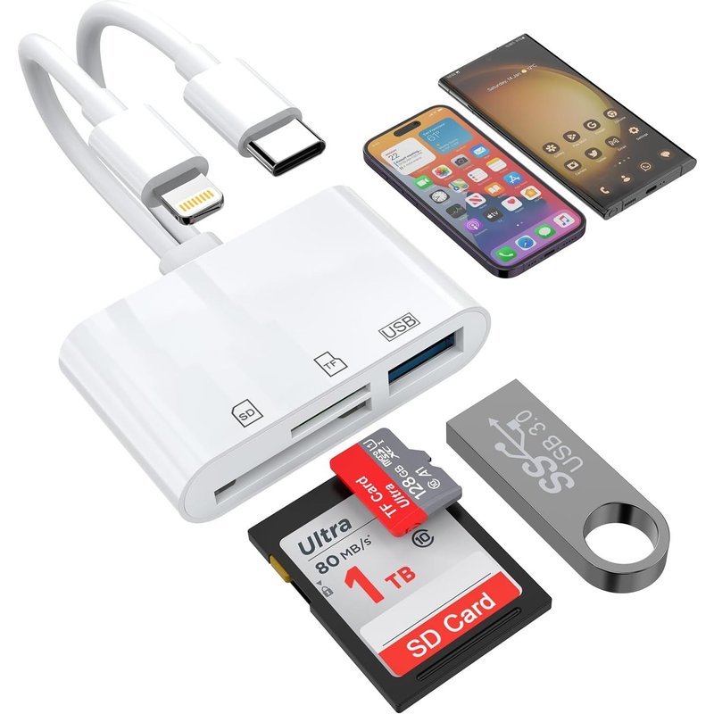 3 in 2 SD Card Reader, Lightning+USB C Connector to USB SD TF Adapter Memory Micro SDXC, Micro SDHC, SDXC, SDHC, SD Karten, USB Disk, Kamera, Maus, for iPhone15/iPad/MacBook/Samsung