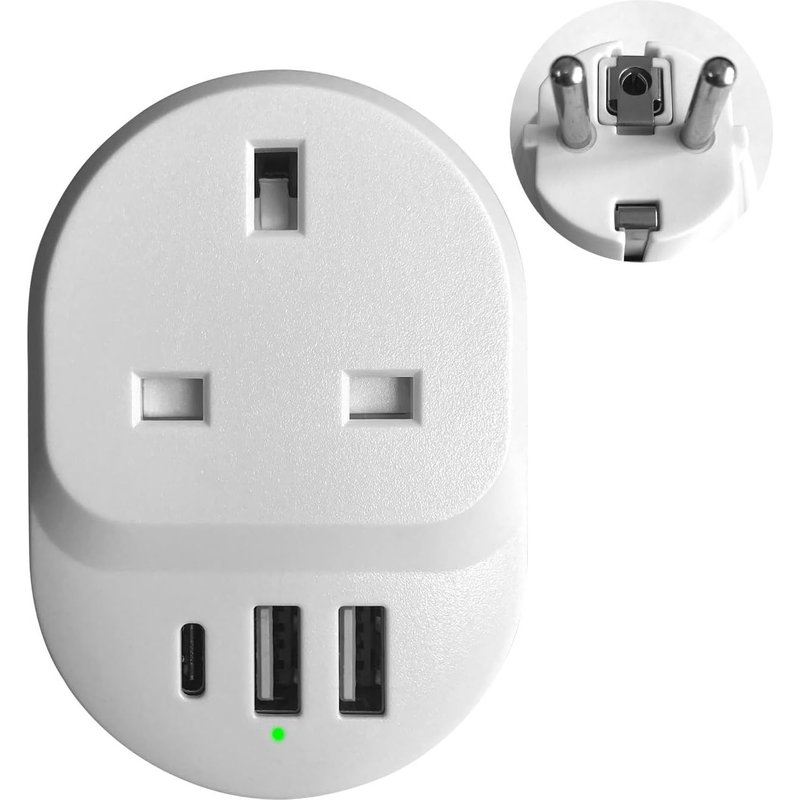 Adaptateur de voyage pour prise UK/Irlande/EAU vers UE/France avec USB+Type C, prise d'extension murale compacte, protection de sécurité électrique et ignifuge pour les voyages, le bureau