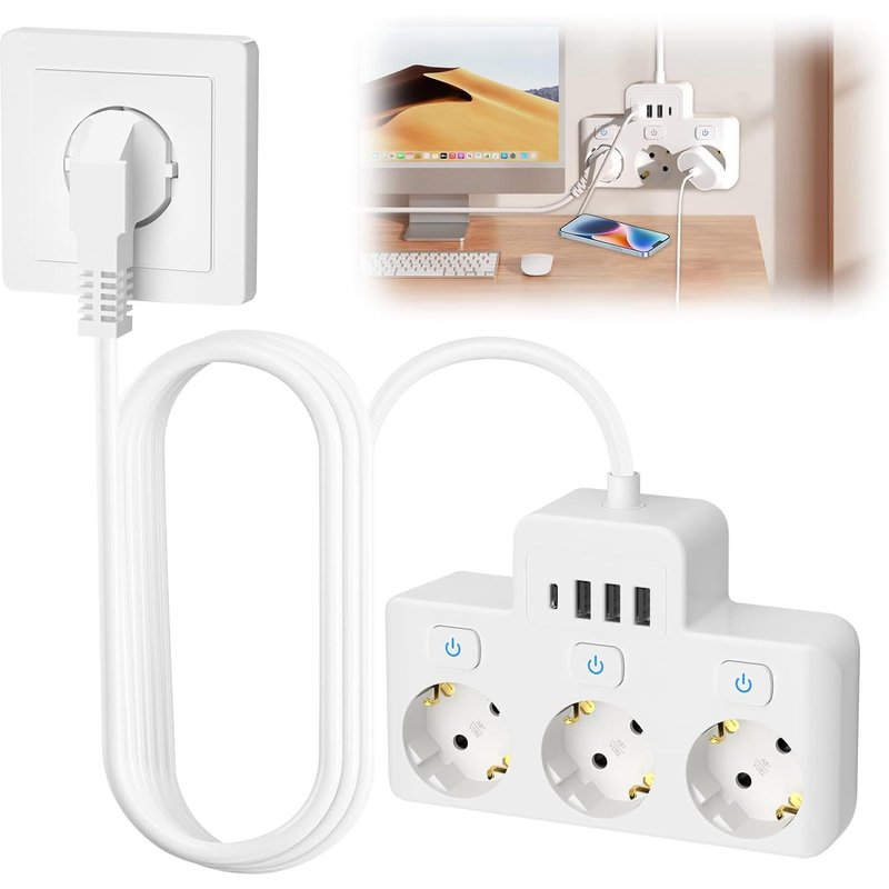 Multiprise 3 prises avec prise de distribution USB, extensions 3 prises avec 3 ports USB & 1 port USB-C, adaptateur de prise pour bureau et maison, câble de 1,5 m
