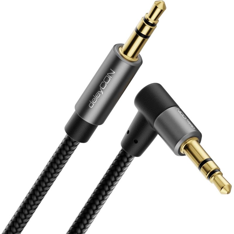 1m Câble Audio AUX Jack 3,5mm Stéréo - Câble en Coton avec Connecteurs en Métal - Fiche Droite vers Fiche Coudée 90° - pour Smartphone, Tablette, Casque, Hi-Fi, Autoradio