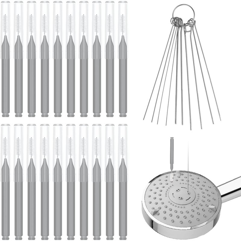 30pcs Kit Nettoyant Pommeau de Douche, Brosse Nettoyage Pommeau de Douche Multi-Tailles Brosse de Nettoyage Anti-Colmatage pour Salle de Bain Petit Trou Espace Buse Fente de Fenêtre (Gris)