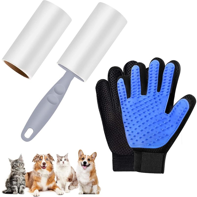 Rouleau Poils Animaux, Rouleau Adhesif De Poils Pour Animaux De Compagnie Et Gant De Toilettage Pour Animal (Une Paire), Brosse Collante Rouleau De Nettoyage Pour Chat Chien