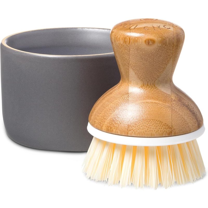 Bubble Up Brosse à Vaisselle en Bambou et Bol en Céramique avec Ressort pour faire Mousser le Liquide Vaisselle - Brosse à Vaisselle avec Manche Ergonomique - Gris/Blanc