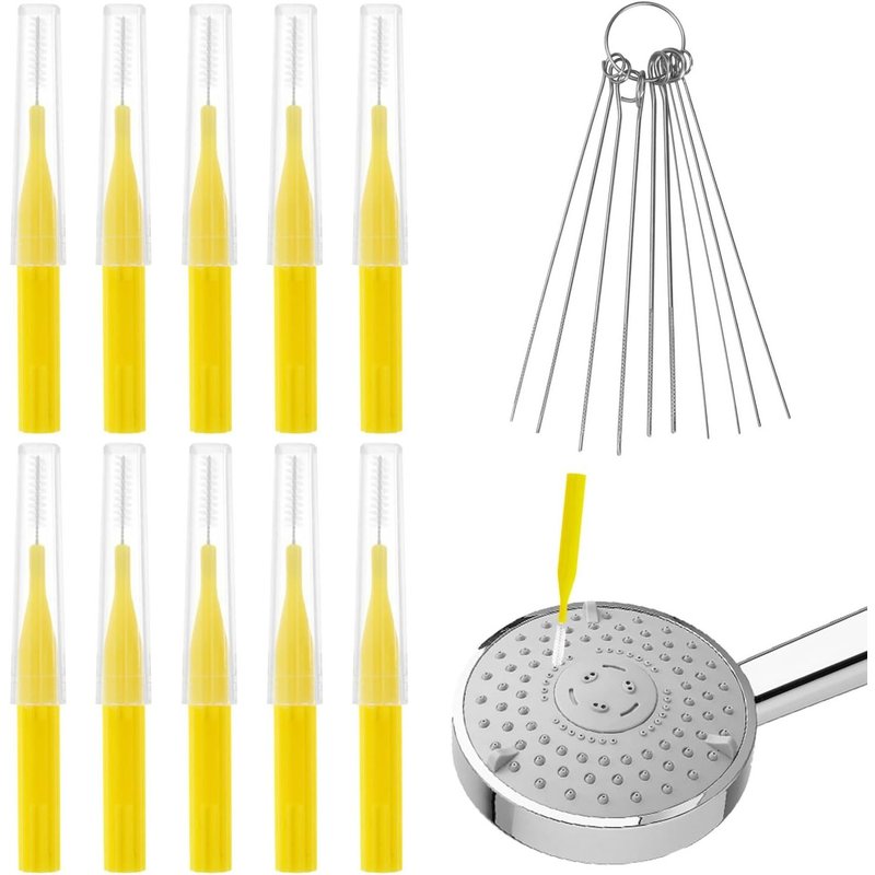 10pcs Brosse de Nettoyage de Pomme de Douche, Brosse de Nettoyage Anti-Colmatage des Trous d'Écartement avec 10 Pics à Broches en Acier Inoxydable Outil de Nettoyage de Petits Trous (Jaune)