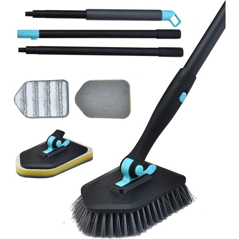 Brosse Salle de Bain Nettoyage 3 en 1 avec Manche de 130 cm de Long - Baignoire Douche et Brosse carrelage Comprenant tĂȘte Dure, tampons vĂȘtements Microfibre pour Salle Bain Murale Verre (Noir)