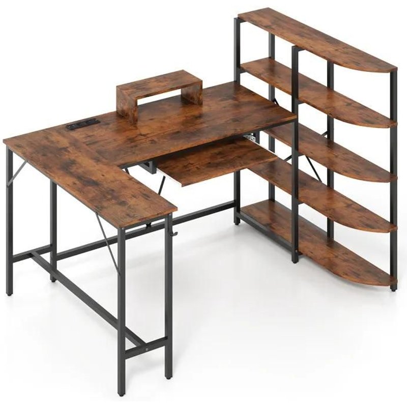 COSTWAY Bureau d'Angle avec Étagères de Rangement - Station de Charge - Support pour Moniteur Crochet et Tiroir pour Clavier