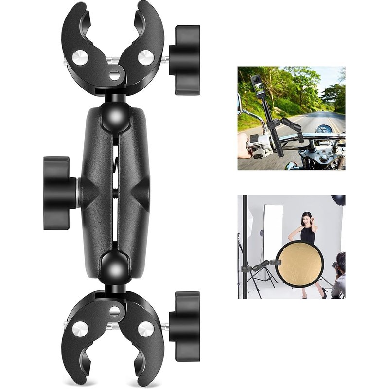 Support de serrage super double pour appareil photo, pince à crabe, bras magique, adaptateur à double tête sphérique, pince parapluie pour moto, vélo, barres transversales, bureau, support
