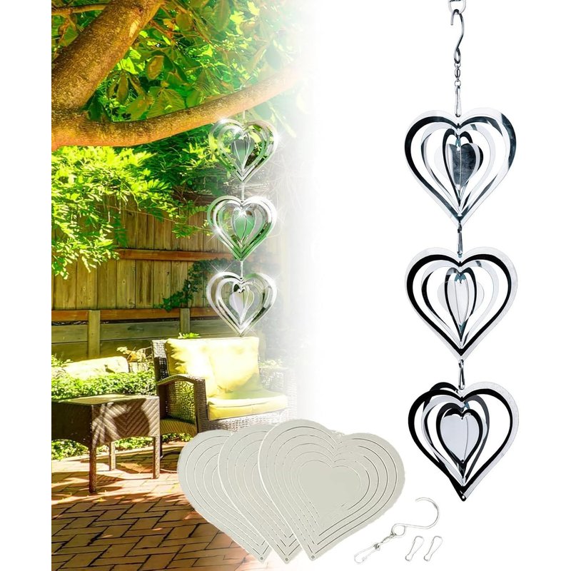Carillon Ă©olien en forme de coeur 3D en acier inoxydable argentĂ©-En forme de coeur-RĂ©pulsif contre les oiseaux-Pour extĂ©rieur,intĂ©rieur,salon,fenĂȘtre,couloir,cour,jardin (3 types
