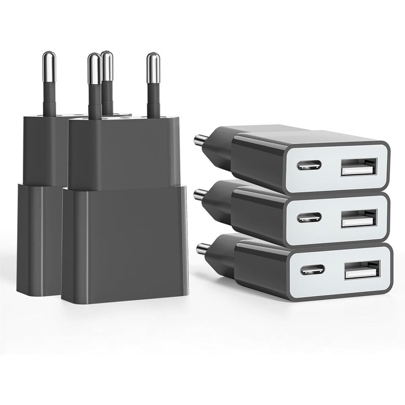 Prise pour câble de Charge USB,5V 1A 2Port USB C+ A Prise Secteur Chargeur,5W Prise de Charge,Adaptateur de Prise Adaptateur pour iPhone,Galaxy,Xiaomi,Huawei (Epaisseur 1.45cm/5paquet)