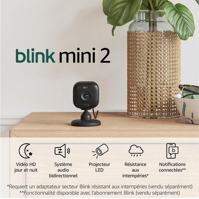 Mini 2 Caméra De Surveillance Connectée À Prise, Vidéo Nocturne Hd En Couleur, Projecteur Intégré, Système Audio Bidirectionnel, Détection De Mouvements, Fonctionne Avec Alexa Noir