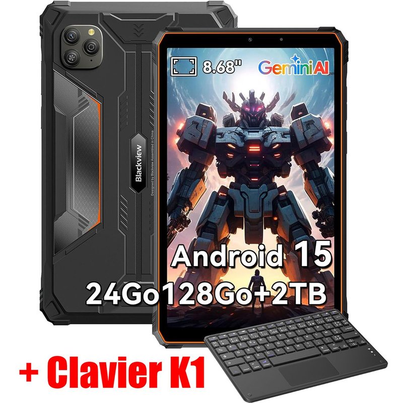 Tablette Blackview Active 5 2025 Nouveau IA Modèles 8.68" 90 Hz, Android 15, 24+128Go/SD 2 To, 6600 mAh Orange Avec Clavier K1